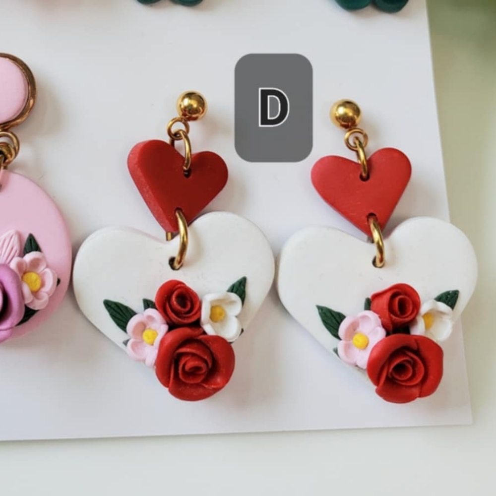 Heart Shaped Floral Earrings Clay